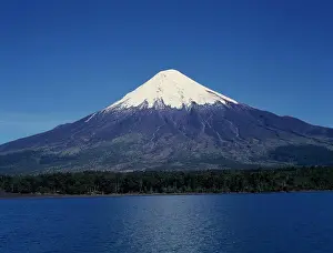 Latino Prints: Chile, Los Lagos, Osorno Volcano, Snow Capped Peak Of Volcano Above Lake Near Puerto Montt