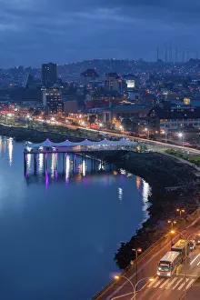 Chile Prints: Chile, Los Lagos Region, Puerto Montt, waterfront, elevated view at dusk