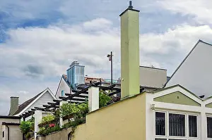 Swabian Prints: Chimneys and green roof garden, Kempten, Allgaeu, Bavaria, Germany, Europe