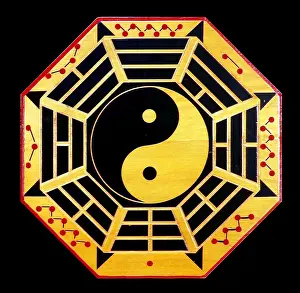 Daoism Prints: China: Bagua eight trigram diagram surrounding central yin-yang symbol, paint on wood
