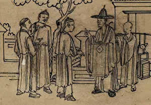 Advice Prints: A Chinese doctor gives medical advice to man with his arm in a sling