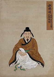 Silk Prints: A Chinese figure wearing light brown silk robes with a dark brown border