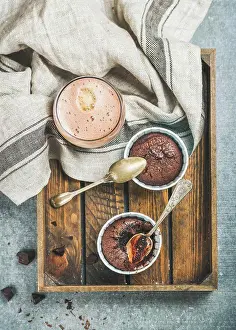 Dessert Prints: Chocolate souffle in blue individual baking cups