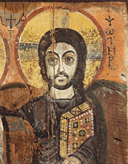 Religious Illustration Prints: Christ and abbot Mena, detail: Christ, from Egypt, Bawit, tempera painting