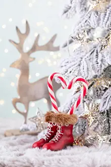 Greeting Prints: Christmas candy cane heart, bokeh background