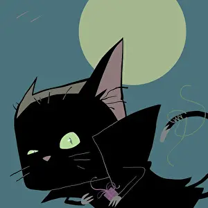 Animal Body Part Prints: Christmas and Halloween cat looking at camera with moon behind digital illustration