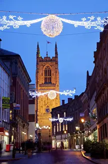 Ornate Prints: Christmas lights and Cathedral at dusk, Derby, Derbyshire, England, United Kingdom, Europe