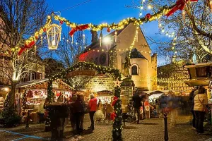 Atmospheric Light Prints: Christmas market, blue hour, Eguisheim, Haut-Rhin, Grand Est Region, Alsace, France