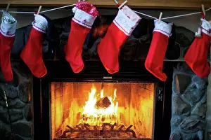 Calm Prints: Christmas stockings hanging over fireplace