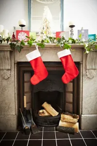 Verticals Prints: Christmas stockings hung on fireplace