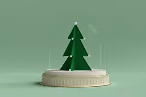 Globe Prints: Christmas tree inside glass dome, on green background. 3d render