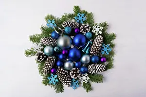 Handmade Prints: Christmas wreath with blue color shades ornaments