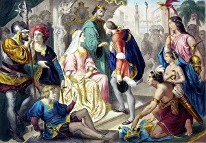Columbus Prints: Christopher Columbus being greeted by King Ferdinand and Queen Isabella on his return to Spain