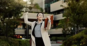 Achievement Prints: City, business and woman with celebration