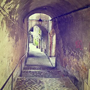 Alley Prints: City Crest Narrow Alley with Old Buildings in French City of Crest