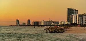 Skyscraper Prints: city skyline at sunset beach miami florida panorama horizon sky color