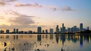 Florida Prints: city skyline at sunset beautiful water Miami Florida usa sky beach