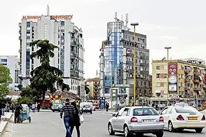 Urban Environment Prints: City view, high-rise buildings with street traffic, Tirana, Albania, Europe
