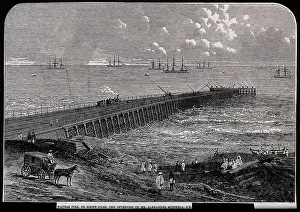 Civil engineering: the pier at Madras, India. Wood engraving, 1863