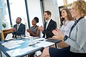 Clapping Prints: Clapping hands, conference and business people in office for corporate finance seminar or workshop