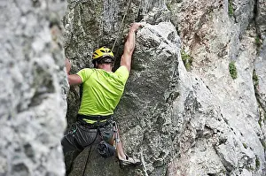 Physical Fitness Prints: Climber in Mt Kampenwand, Chiemgau region, Bavaria, Germany, Europe
