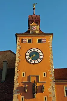 Bavaria Prints: Clock tower on the end of the famous stone bridge