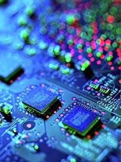 Lighted Prints: Close up detail of blue computer circuit board