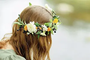 Garland Prints: Close up of Middle Eastern woman wearing flower crown