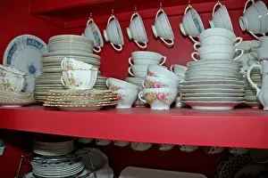 Dining Rooms Prints: Close-up of antique floral patterned china plates and cups