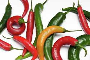 Farm Prints: Close-up of colorful hot chili peppers on a white background