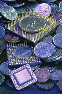 Coin Prints: Close-up of computer chips and coins