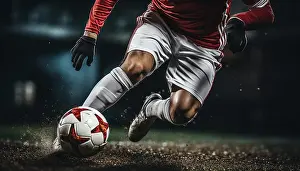 Stadium Prints: Close-up of a Leg in a Boot Kicking Football Ball