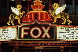 Theater Prints: Close-up of a neon movie theater sign lit up at night, Fox Theater, Detroit, Michigan, USA
