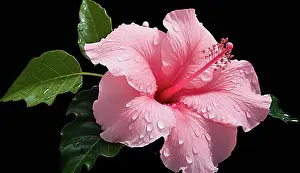 Rosy Prints: A close-up of a pink hibiscus with water droplets on its petals and green leaves Ai generated