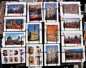 Florence Prints: Close-up of a postcard rack, Florence, Italy