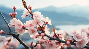 Softness Prints: Close-up of sakura flowers on a tree branch during morning sunrise. AI generated