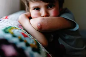 Life Styles Prints: Close up of young boy with bruised elbow, looking at camera