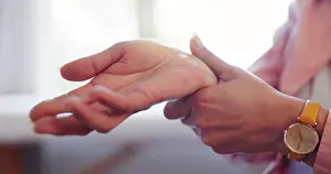 Hurt Prints: Closeup, hands and senior person with wrist pain for injury