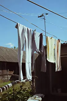 Rural Prints: Clothes drying on clothesline on sunny day