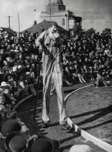 Giant Prints: Clown on Stilts : Children were entertained at a circus party at Taronga Park Zoo yesterday