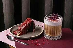 Beverage Prints: coffee in a glass cup and dessert on the table in the coffee sho