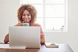Analysis Prints: Coffee, portrait or happy woman with laptop for research