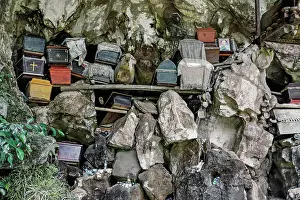Caves Prints: Coffins hung high up for more status at Londa caves