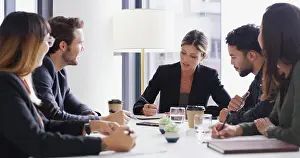 Money Prints: Collaboration, meeting and writing with business people in boardroom of discussion or planning