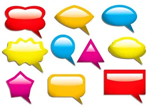 Graphic Prints: Collection of speech bubbles in primary colours and light reflection