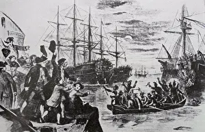 Boston Prints: Colonists at Boston protested against the Stamp Act by dressing up as Red Indians and throwing chests of tea overboard