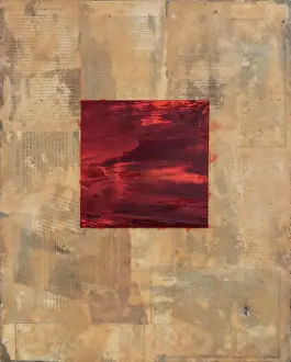 Minimal Prints: Color block painting with brilliant red square centered in the middle surrounded by paper collage imbedded in wax