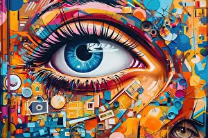 Bold Prints: Colorful and creative urban mural of an abstract eye. Generative AI