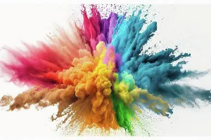 Holi Prints: Colorful rainbow holi paint color powder explosion isolated white wide panorama background