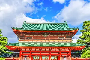 Courtyard Prints: Colorful Red Entrance Gate Otenmon Heian Shinto Shrine Kyoto Jap